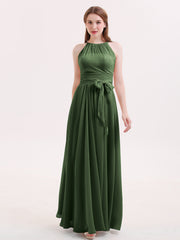 Licou Mousseline Robe Demoiselle d'honneures avec Ceinture Nœud Olive Verte Grande Taille
