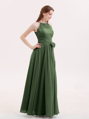 Licou Mousseline Robe Demoiselle d'honneures avec Ceinture Nœud Olive Verte Grande Taille