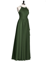 Licou Mousseline Robe Demoiselle d'honneures avec Ceinture Nœud Olive Verte Grande Taille