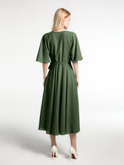 Robe en Mousseline à Col en V avec Demi-Manches Longueur de Mollet Olive Verte Grande Taille