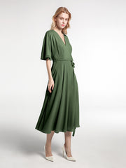 Robe en Mousseline à Col en V avec Demi-Manches Longueur de Mollet Olive Verte Grande Taille