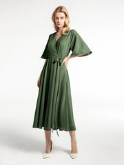 Robe en Mousseline à Col en V avec Demi-Manches Longueur de Mollet Olive Verte Grande Taille