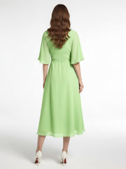 Robe en Mousseline à Col en V avec Demi-Manches Longueur de Mollet Sauge Grande Taille