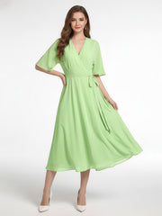 Robe en Mousseline à Col en V avec Demi-Manches Longueur de Mollet Sauge Grande Taille