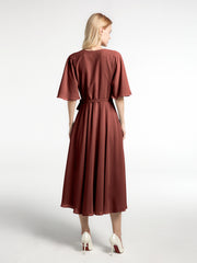 Robe en Mousseline à Col en V avec Demi-Manches Longueur de Mollet terracotta Grande Taille