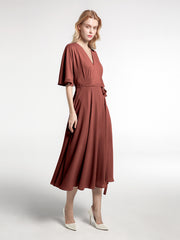 Robe en Mousseline à Col en V avec Demi-Manches Longueur de Mollet terracotta Grande Taille