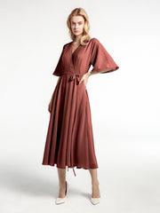 Robe en Mousseline à Col en V avec Demi-Manches Longueur de Mollet terracotta Grande Taille