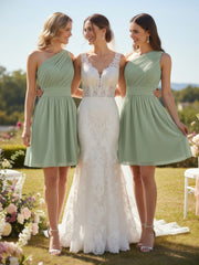Une Épaule Mini Court Mousseline Robes Sauge Poudrée