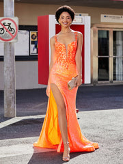 Robe Trompette en Paillettes Appliquée avec Fente Orange