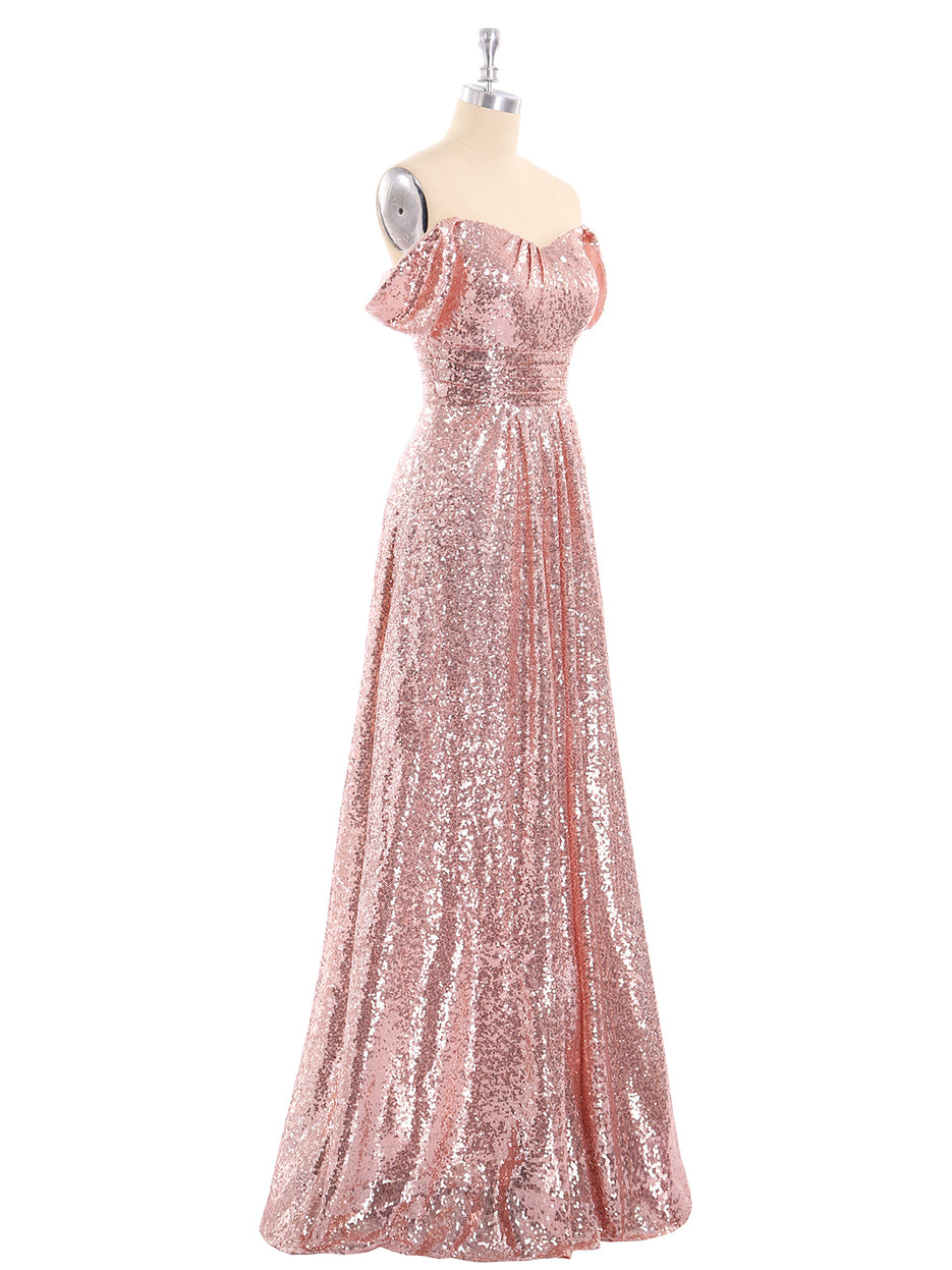Robe Longue Paillettes avec Hors de L'?�paule Or Rose| BABARONI �?? BABARONI FR
