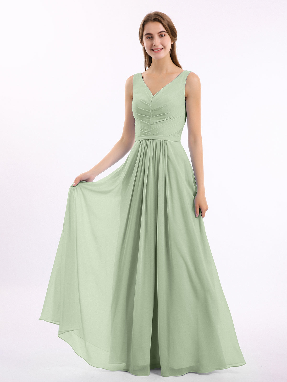Robe Longue Formelle Col V Femme - Robe Demoiselle D'Honneur Plissée Invitée Mariage