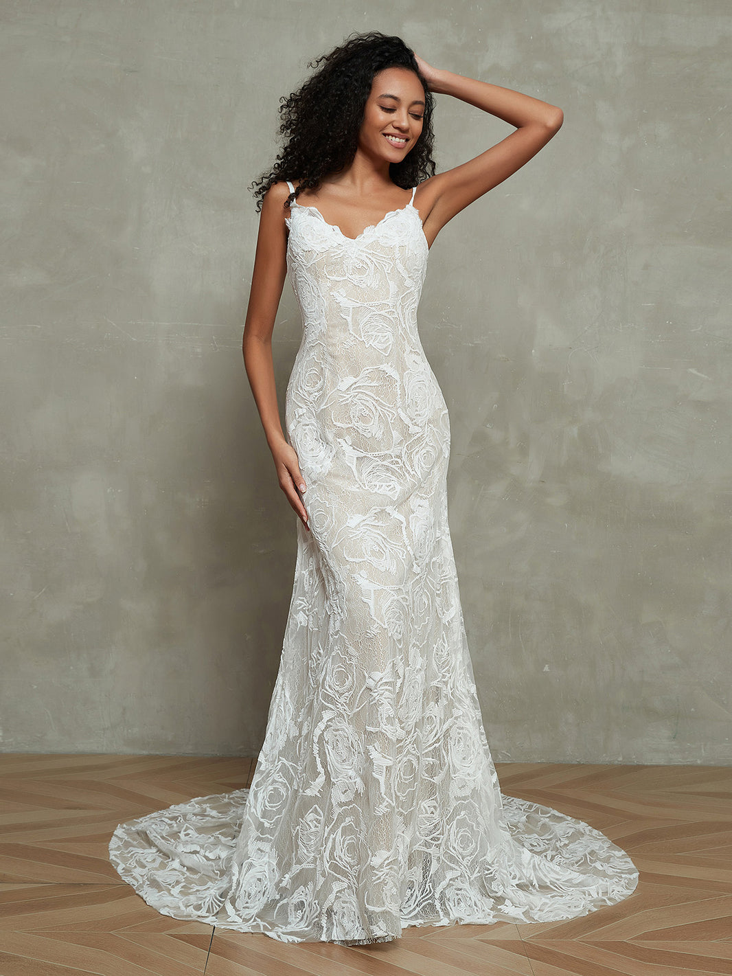 Robe De Mariée Sirène Bohème YIANN - Dentelle, Col V, Bretelles Spaghetti, Train, Soutien-Gorge Intégré