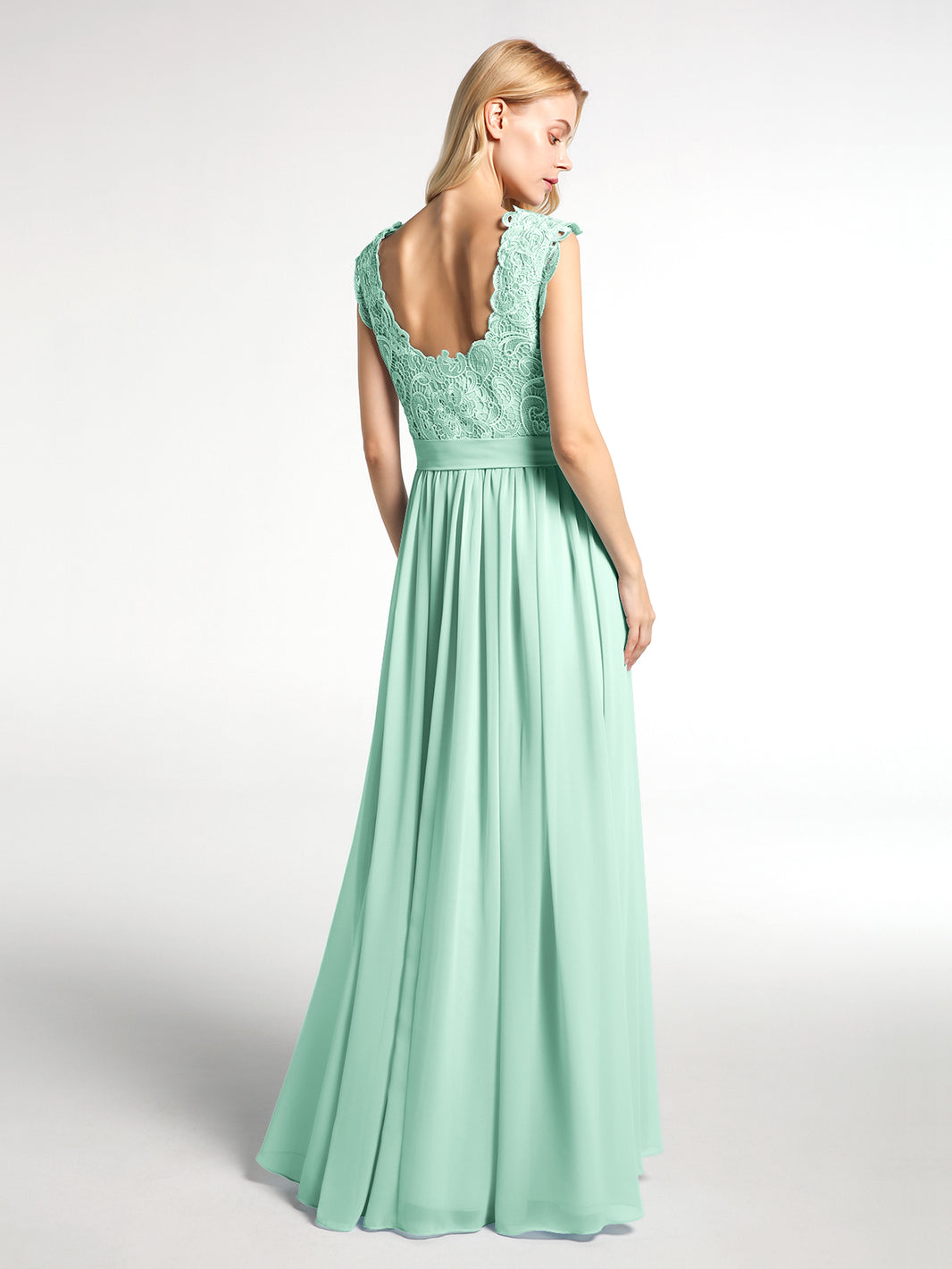 Robes Longue Mousseline avec Bustier Appliquée en Dentelle Vert Menthe