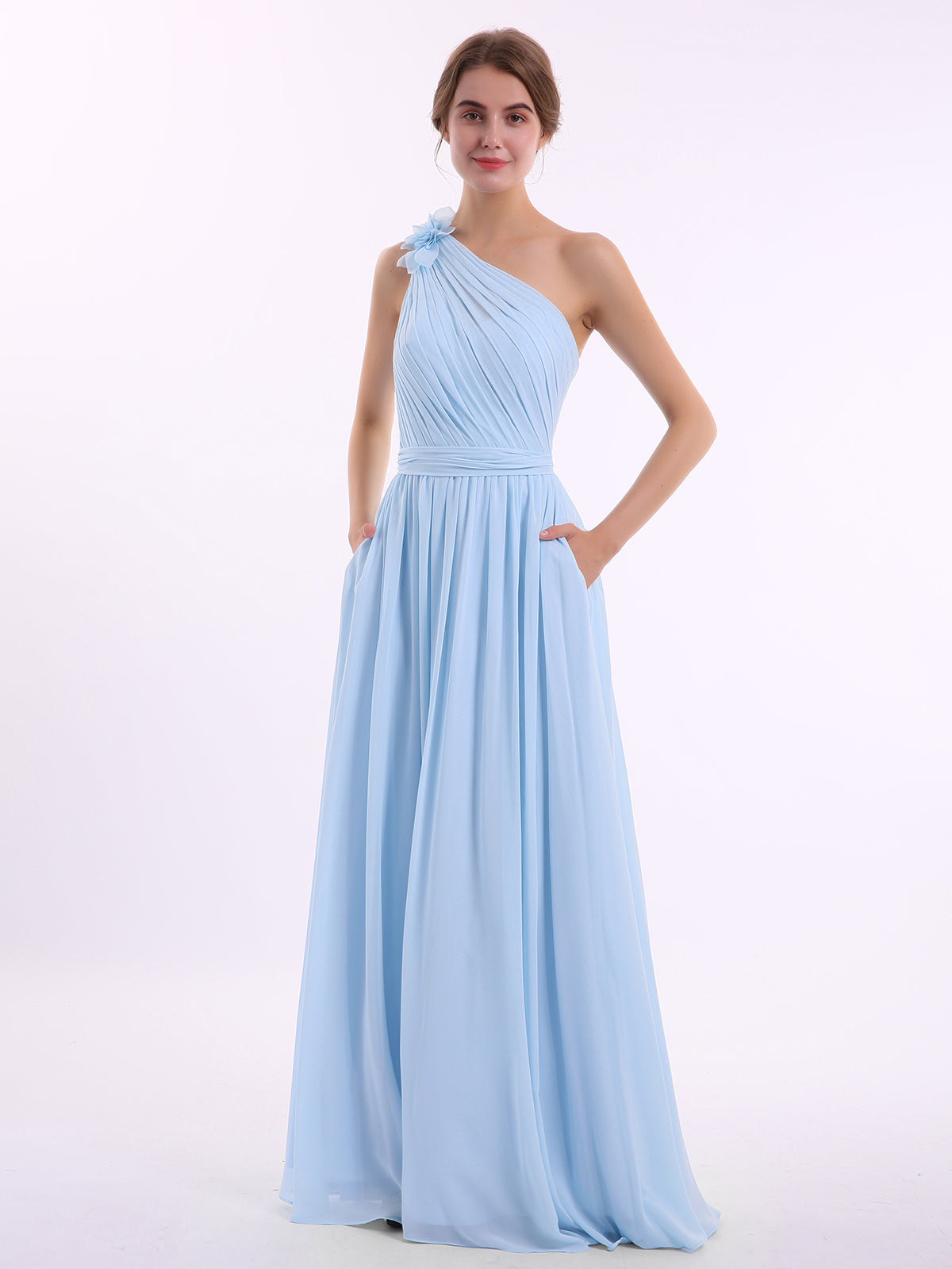 Robe Cocktail Bleue Echoo Une épaule - Mousseline Plissée Taille Moyenne - Occasion Très Bon état
