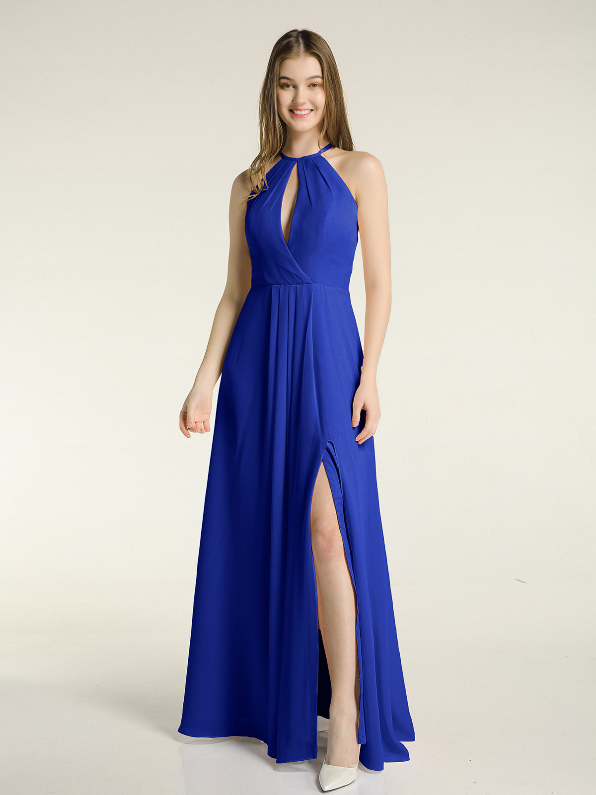 Robe longue sexy col licou fente latérale froncée extensible brillante