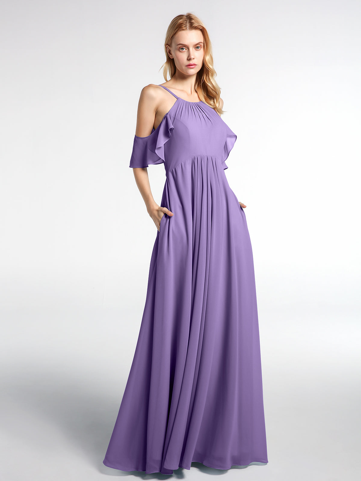 Robe De Soirée Femme Mousseline Épaules Dénudées - Robe Mariage Invitée Col V Trapèze Longue
