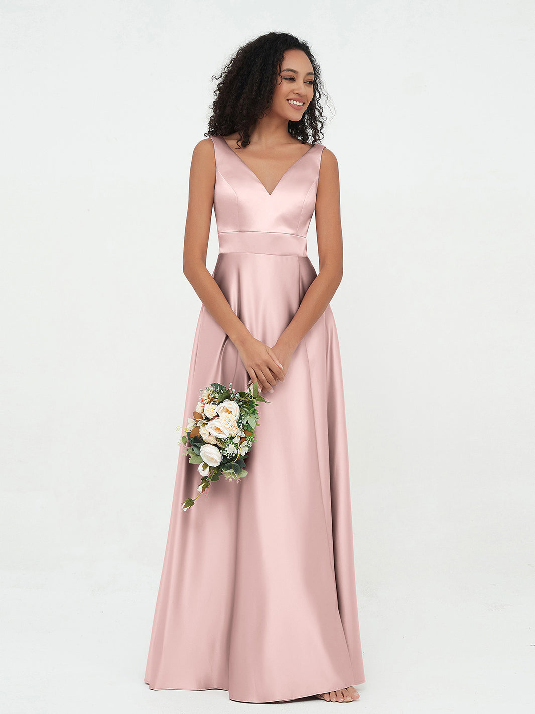 Robes Maxi Princesse à Col en V en Satin avec Poches Rose Poudré